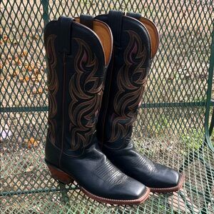 Justin Black Leather Cowboy Boots, Square Toe